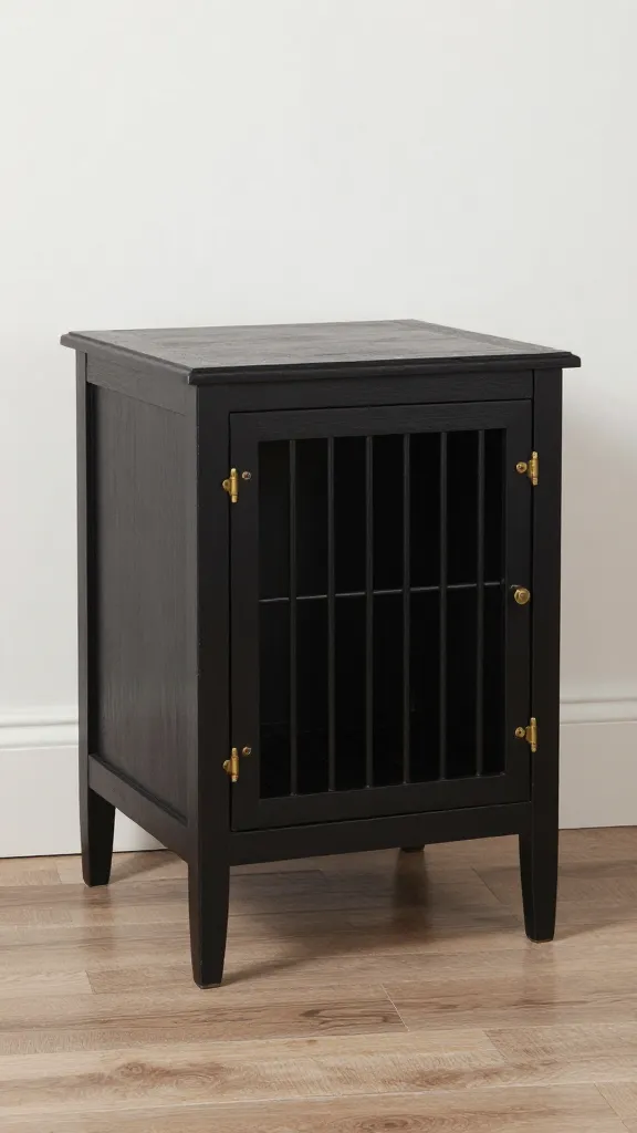 black farmhouse dog crate end table with brass hardware
