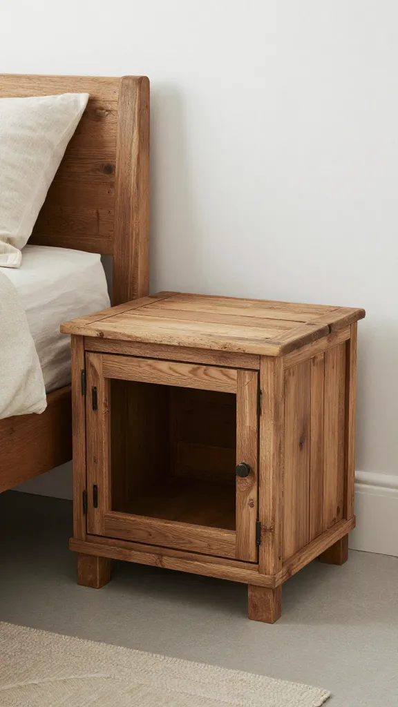 rustic reclaimed-wood dog crate nightstand beside linen bed