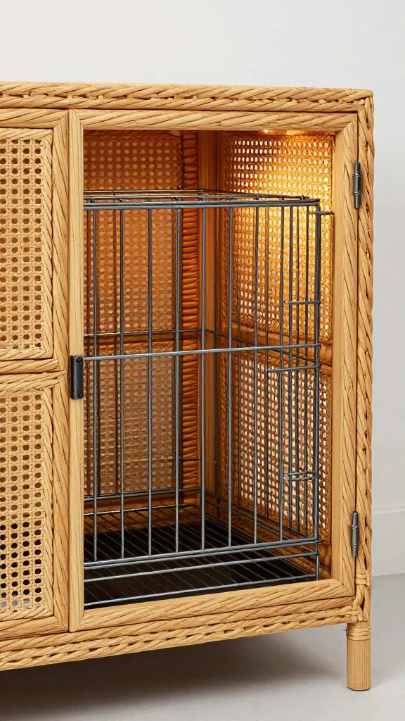 Rattan IKEA cabinet concealing metal dog crate, soft lighting