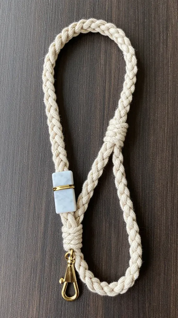 natural cotton macrame dog leash with brass clasp on marble