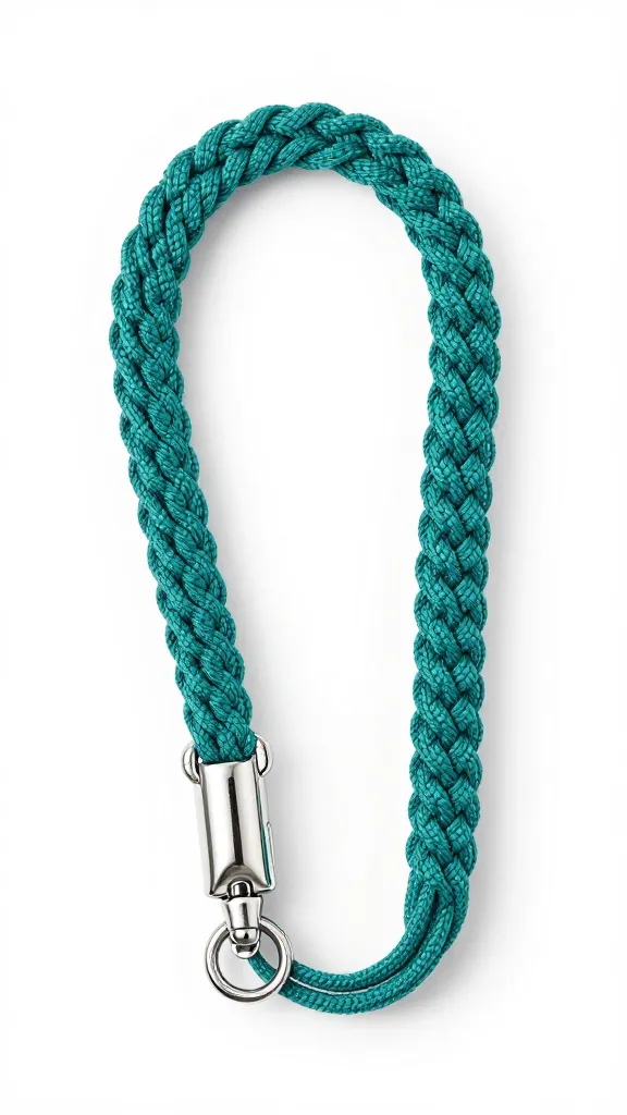 teal macrame leash coiled neatly beside stainless swivel snap