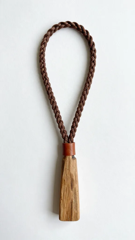 braided macrame lead on rustic wood, leather keeper detail