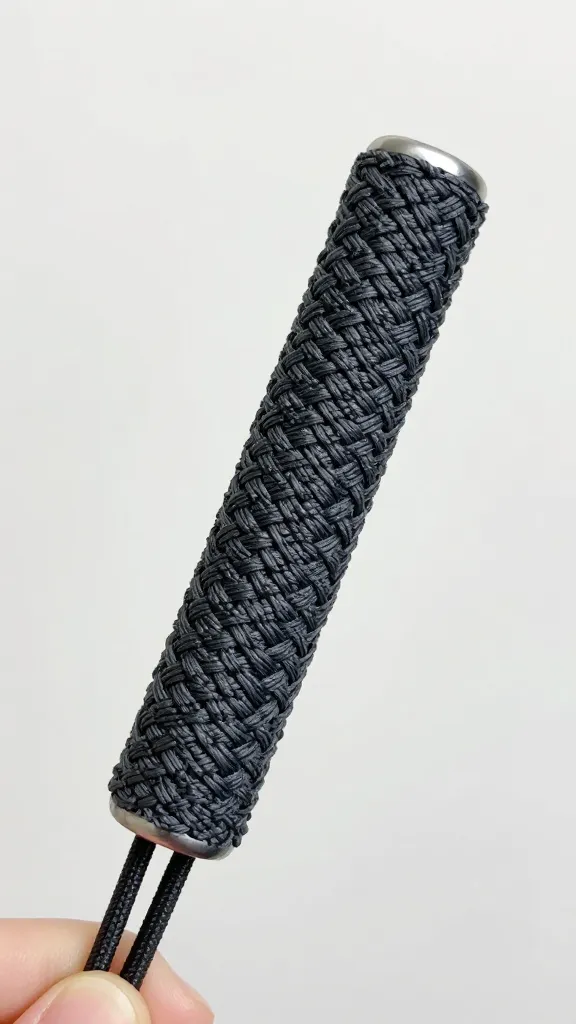 textured macrame grip in hand, charcoal cord, minimal backdrop