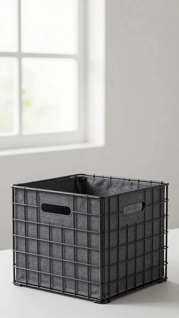 wire crate with charcoal canvas cover, soft window light