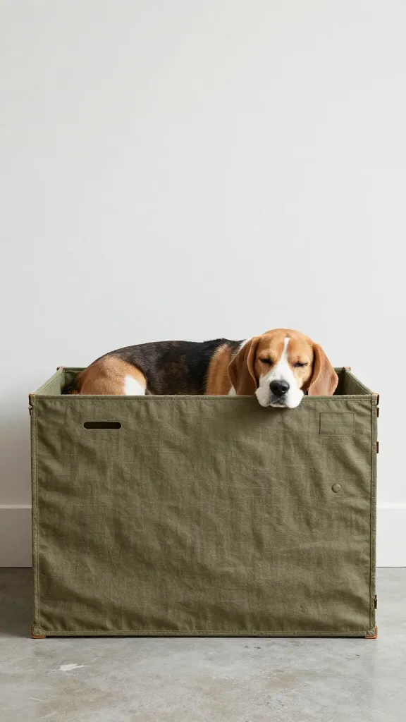 mid-century room, olive twill crate cover, sleeping beagle
