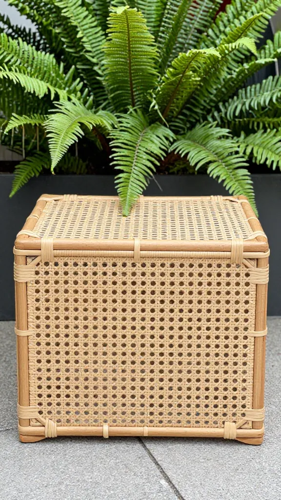 rattan-inspired crate cover beside fern, natural daylight