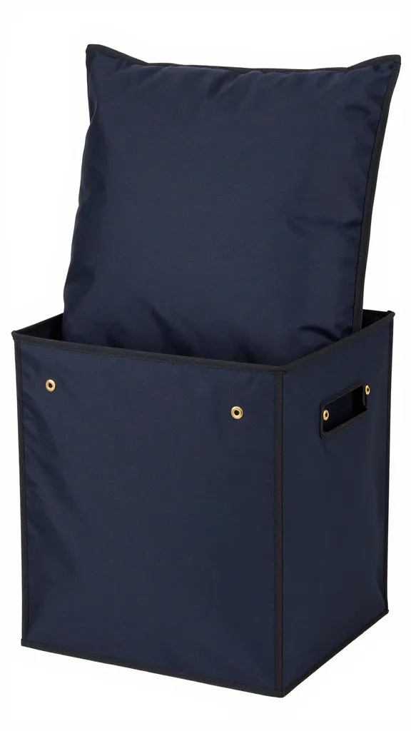 navy blackout crate cover, brass grommets, cozy interior pillow