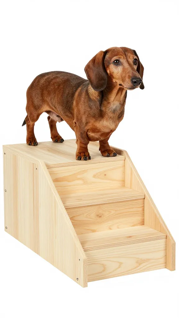 senior dachshund using wooden DIY bed steps