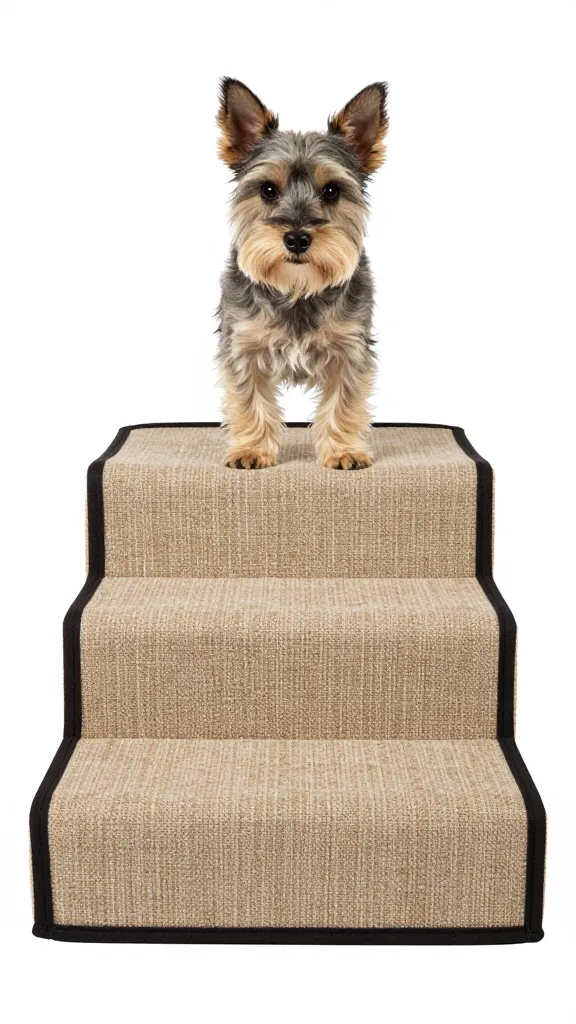 small terrier descending custom fabric-wrapped pet steps