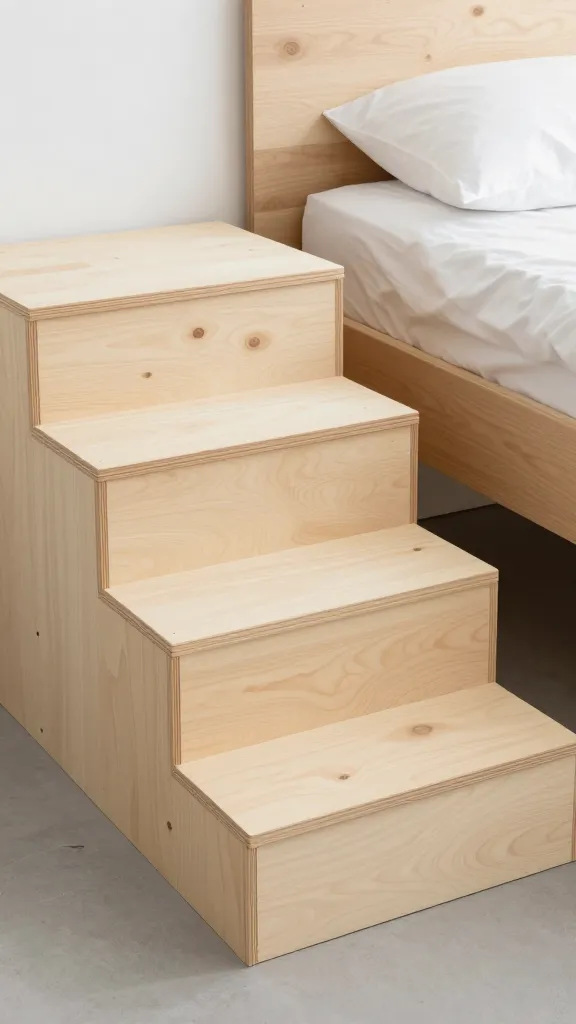 unfinished plywood dog steps beside modern bed