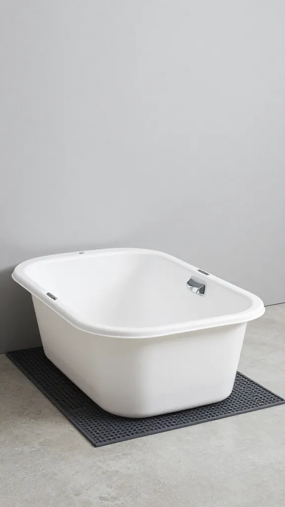 elevated dog wash tub with anti-slip mat, garage wall