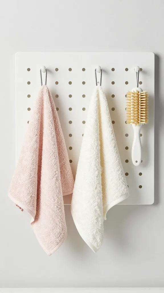 pegboard holding dog towels and brushes above wash zone