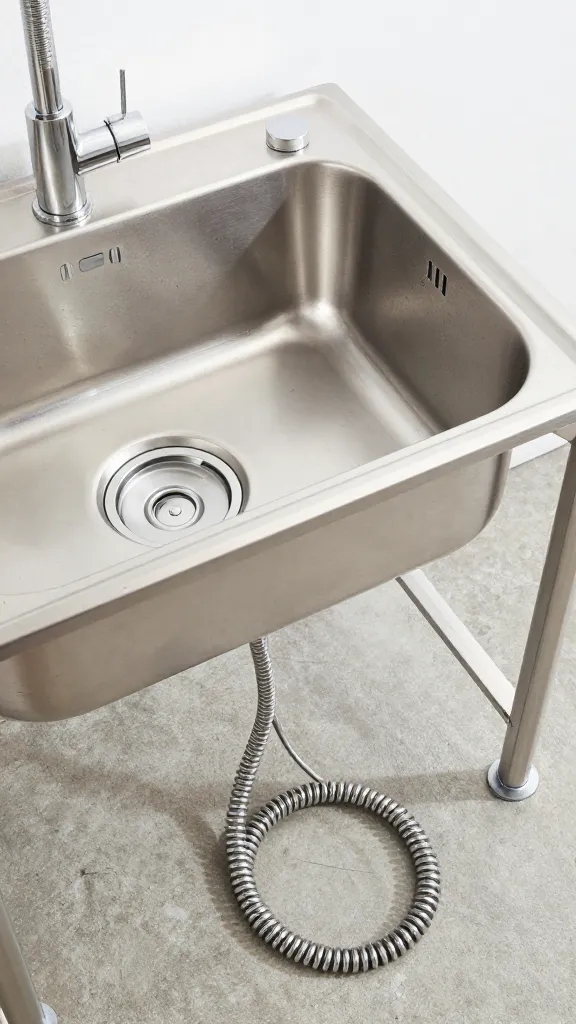 stainless utility sink pet wash, coiled hose, concrete floor