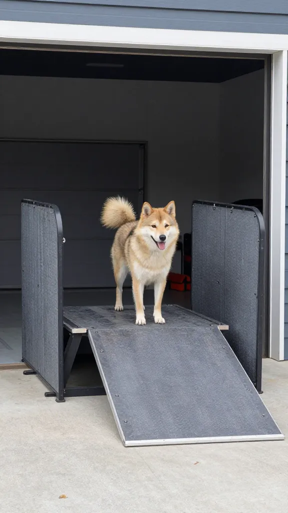 medium dog on platform ramp, splash guard panels, garage