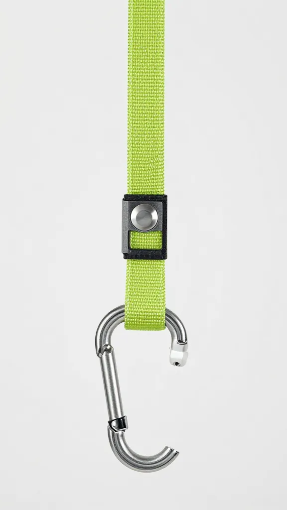 bright nylon climbing rope leash with locking carabiner, studio
