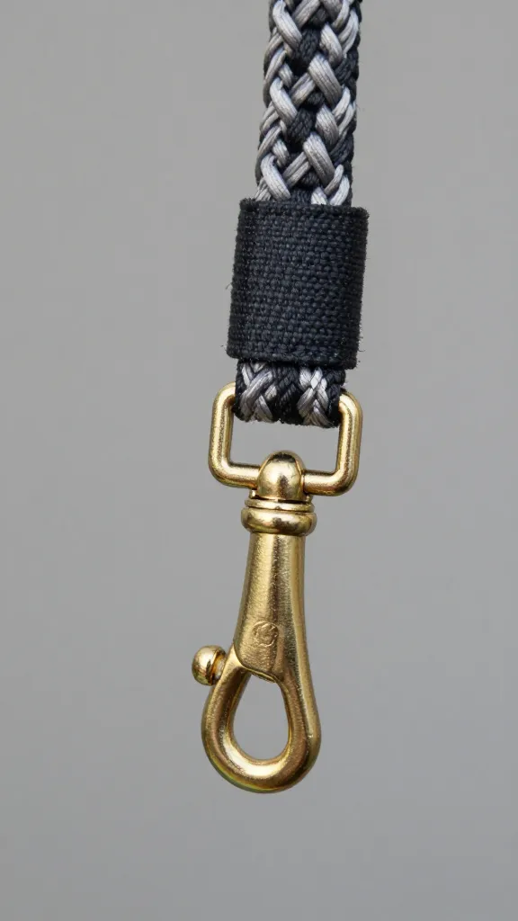 braided paracord dog leash with brass swivel clip, close-up