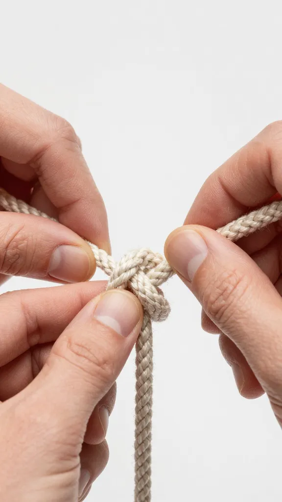 hands tying figure-eight knot on 10mm rope, macro