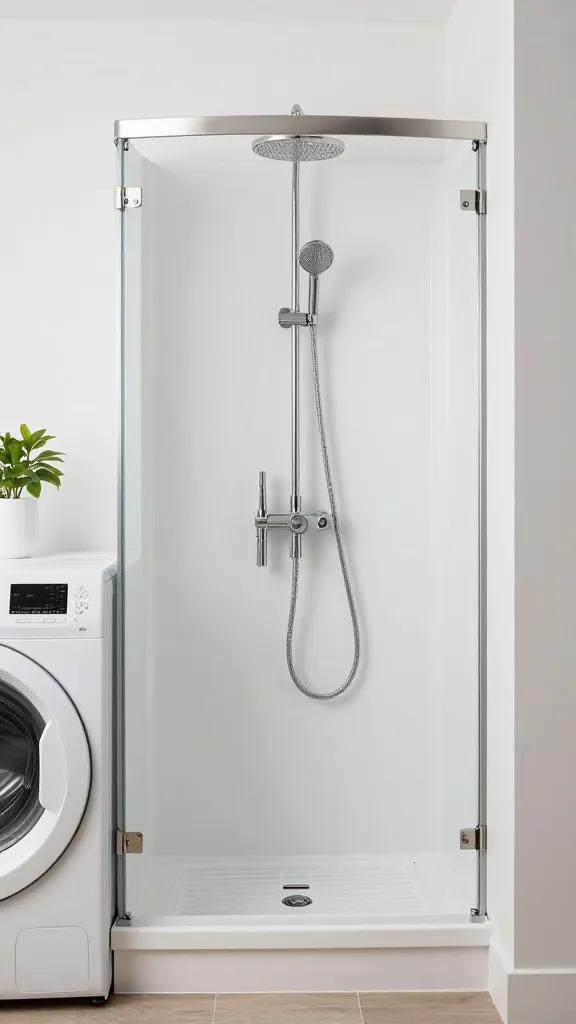 Built-in dog shower beside washer and dryer