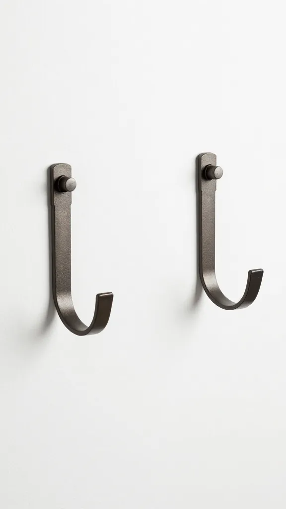 Industrial pipe leash hooks on white entryway wall