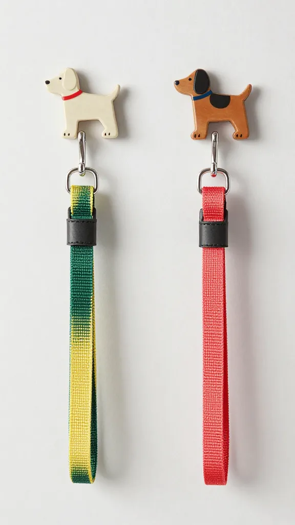 Decorative dog-shaped hooks with nylon leashes