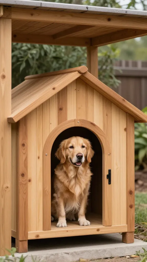 cedar dog house with shaded porch, golden retriever sizing