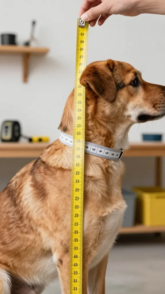 measuring dog shoulder height with tape, workshop background