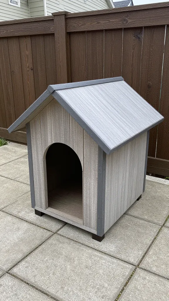 raised dog house on concrete pavers, rain-safe overhang