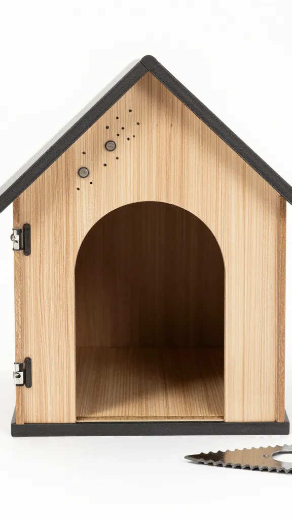 dog house door cutout at 80% shoulder height, jigsaw nearby