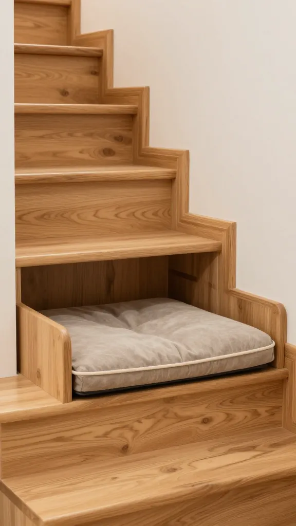 built-in dog bed under staircase, warm wood, soft cushion
