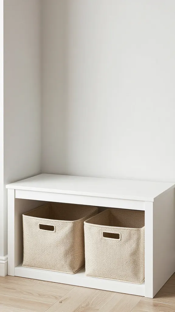 mudroom bench with integrated dog nook, labeled storage baskets