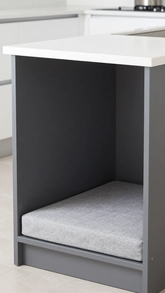 kitchen island dog cubby, removable washable cushion, matte cabinetry