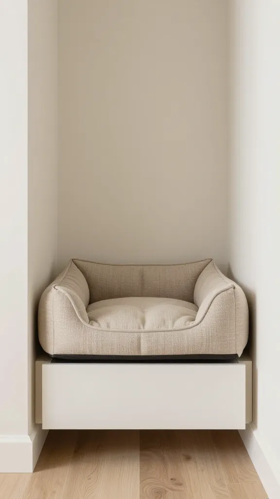 hallway niche dog bed, hidden drawer storage, neutral textiles
