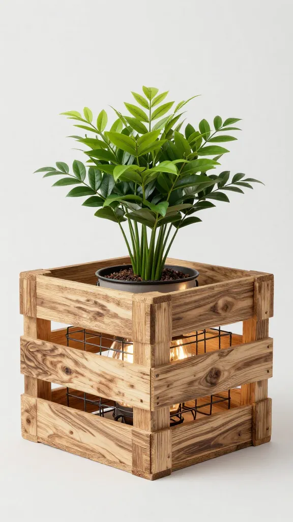 Walnut crate topper with plant and lamp on wire crate