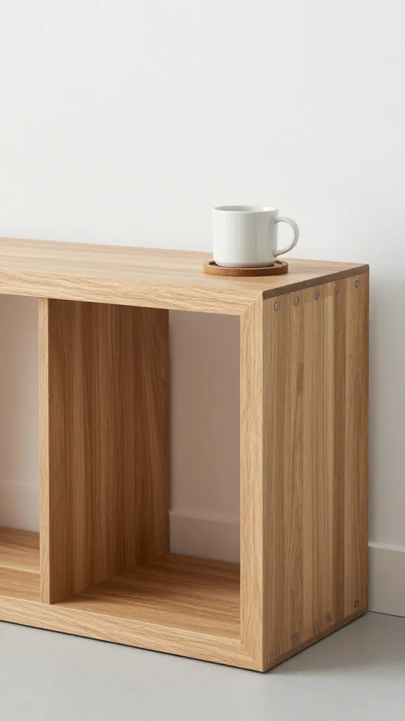 Oak crate console with coffee mug and coaster