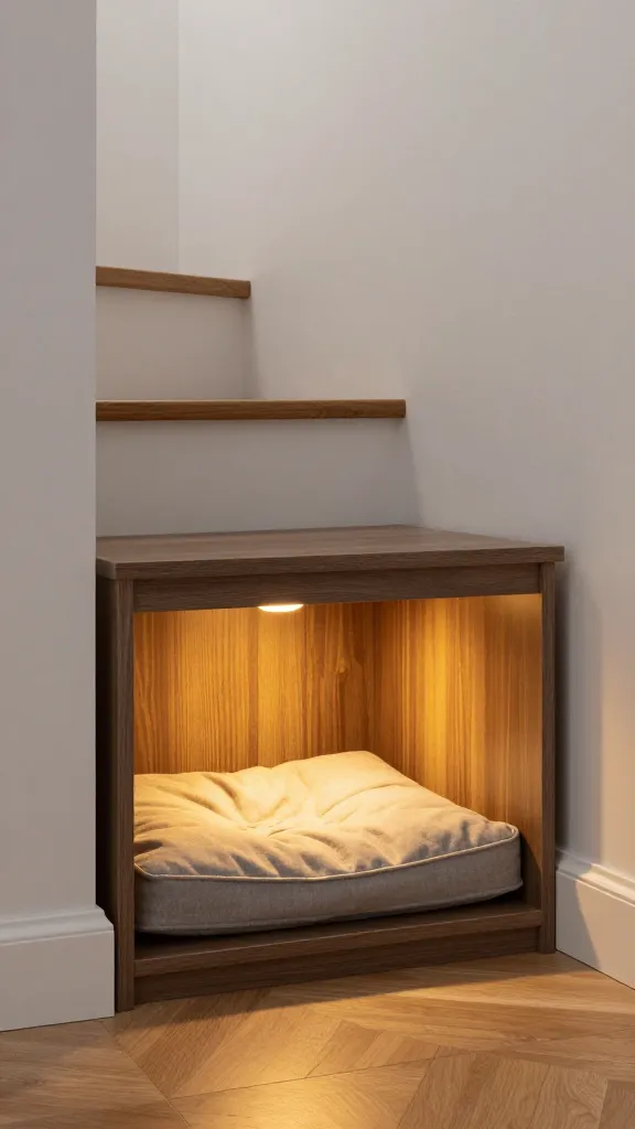 under-stair dog cubby with cushion and warm sconce lighting