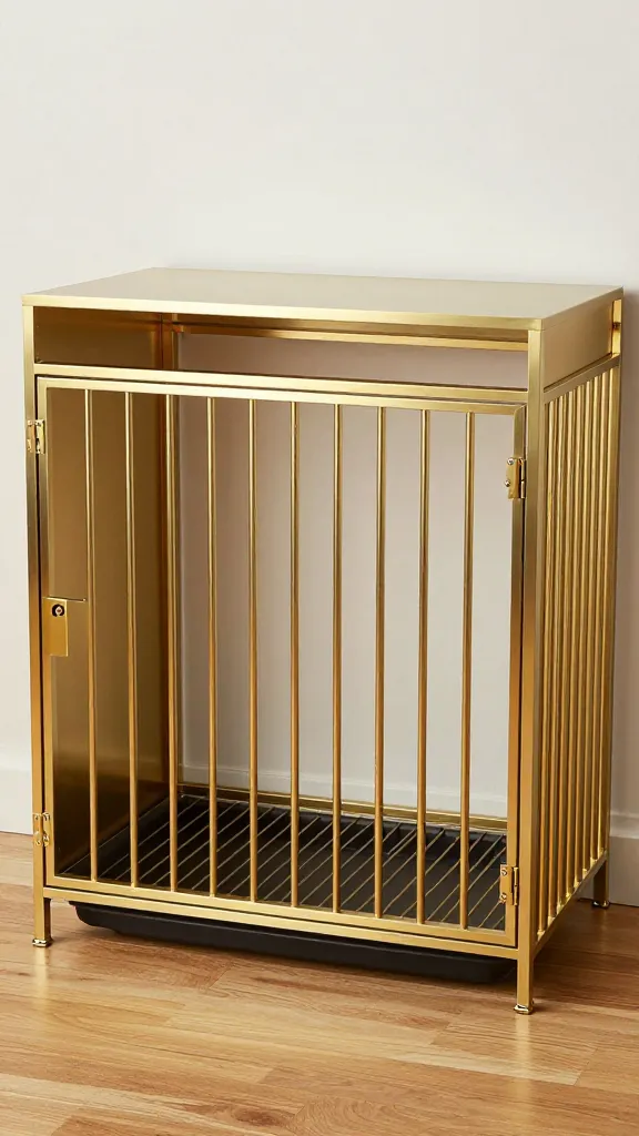 built-in dog crate in console, brass gate, hardwood floor