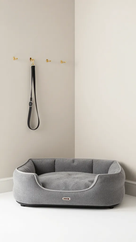 closet corner dog bed, leash hooks, neutral paint