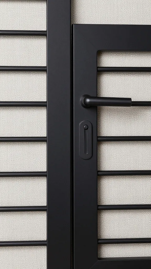 slatted crate door detail, matte black hardware, linen cushion
