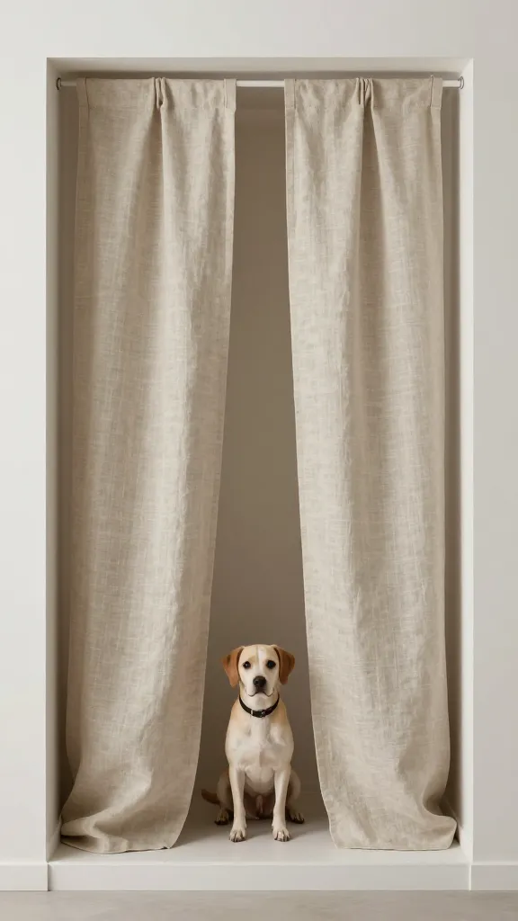 minimalist dog den nook, linen curtain, soft ambient light