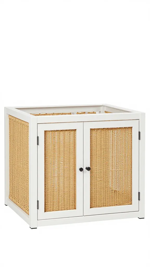White Ikea Kallax dog crate with rattan doors, daylight
