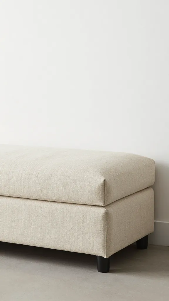 linen upholstered bench with neutral dog bed at footboard
