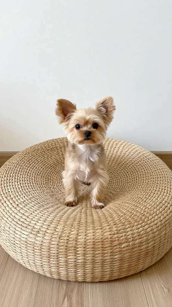 small dog on woven bolster bed, end-of-bed setup