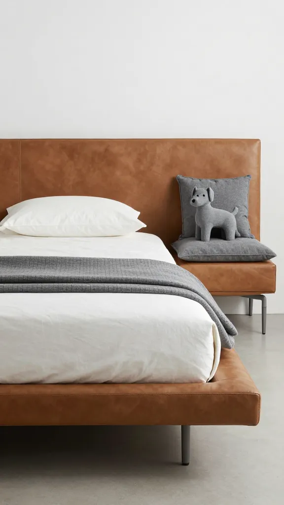 modern platform bed with leather bench and gray dog cushion