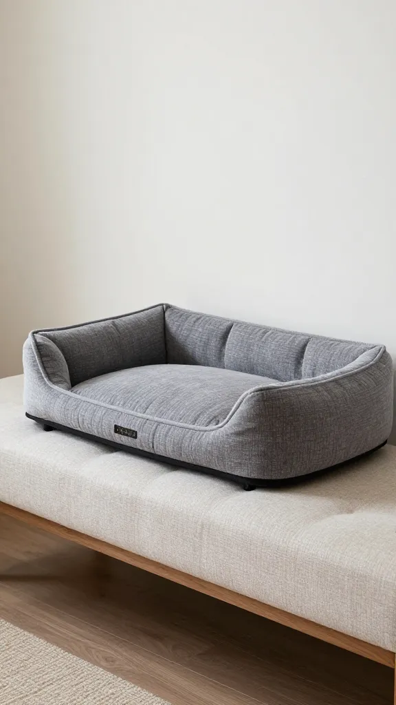 tufted bedroom bench holding orthopedic dog bed, natural light