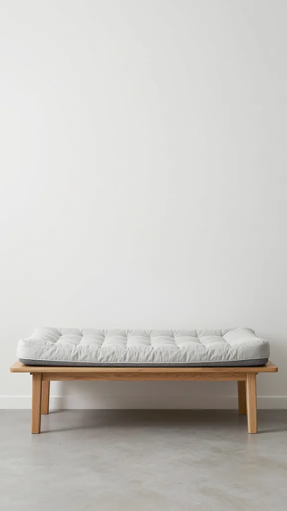 minimalist bedroom, oak bench with washable dog mattress