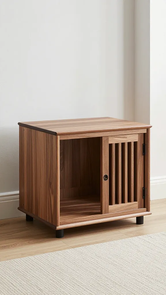 walnut wooden dog crate end table in modern living room