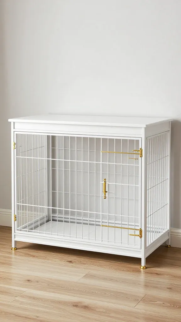 white oak dog crate console with brass hardware