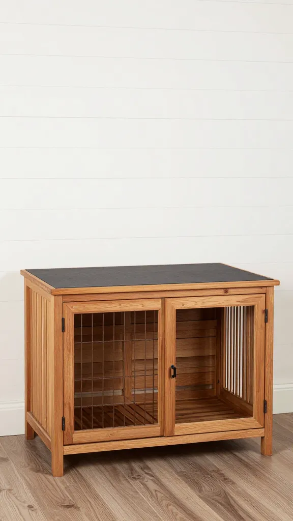 farmhouse wooden dog crate buffet against shiplap wall