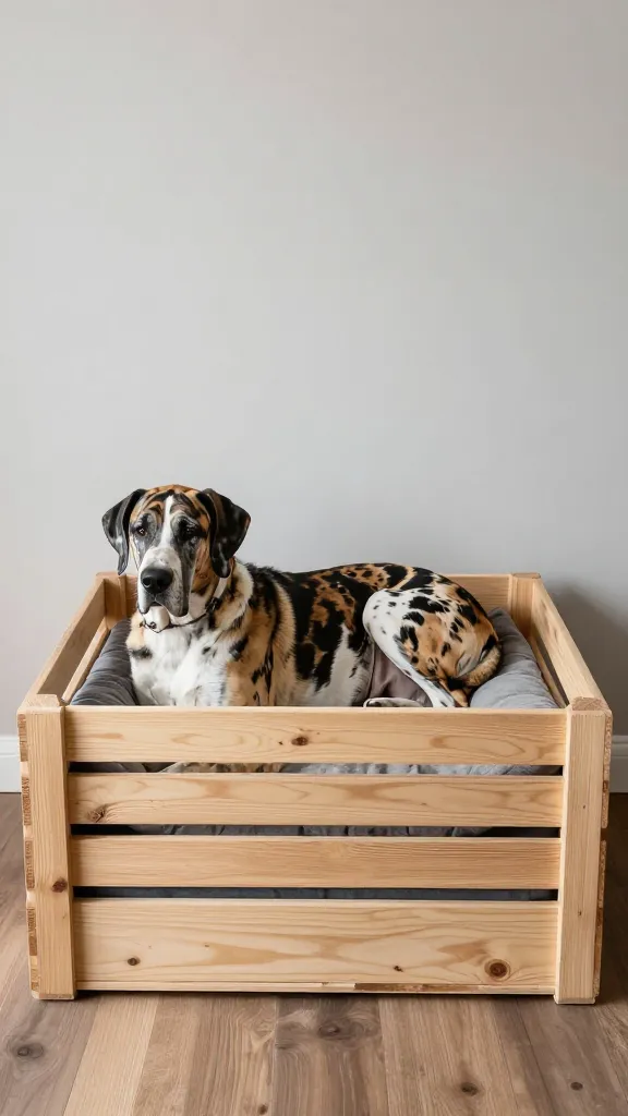 custom extra-large wooden crate for Great Dane, cozy bedding