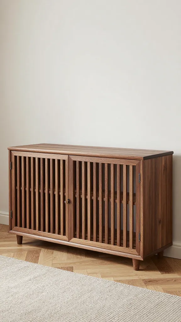Walnut slatted dog crate console in modern living room